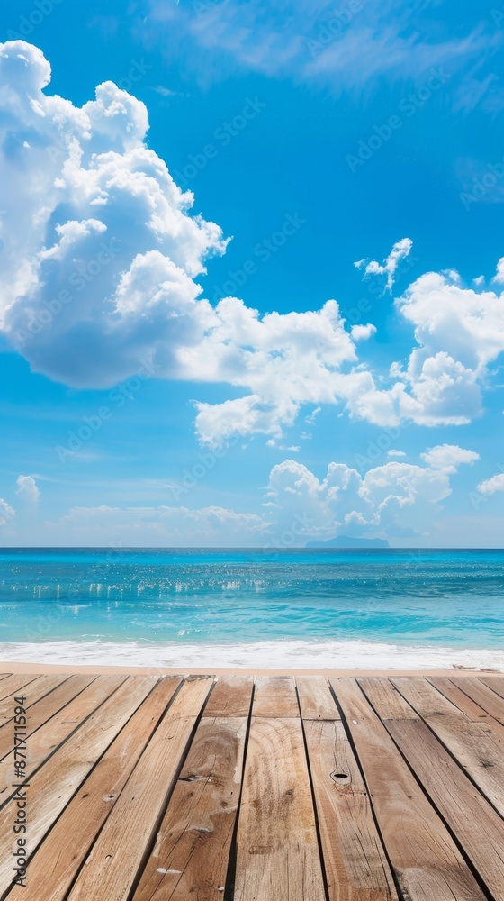 Fototapeta premium High-Resolution AI-Generated Wallpaper Featuring a Summer Beach and Ocean View with a Free Space Desk, Perfect for a Relaxing and Inspiring Background