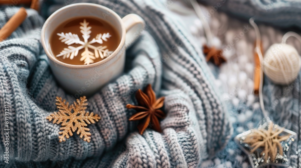 Warm and cozy winter flat lay with hot beverage knitted clothes on rustic background Warm and cozy winter flat lay with hot beverage knitted clothes on rustic background
