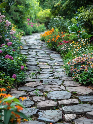 A tranquil garden scene with a stone pathway and blooming flowers  ample copy space