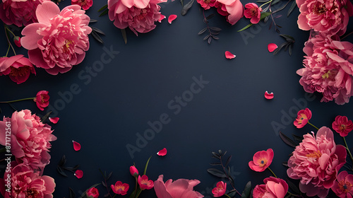 Red or pink flowers on a dark background,Valentine's day background with red rose flowers and copy space,a photo featuring pink peonies and blue leaves arranged in a decorative border style 

