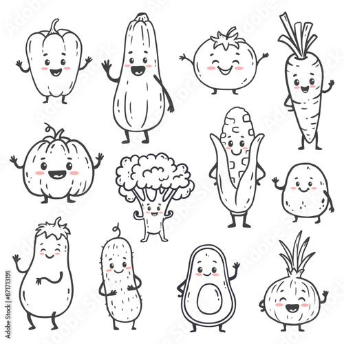 set of cartoon vegetables isolated on white. Funny vegetable. Doodle. Cute food character with arms and legs. Vector illustration