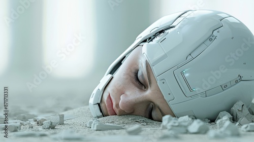 Futuristic human-like robot head laying on the ground in a white, minimalistic environment. High-tech imagery. Faceless and emotionless.