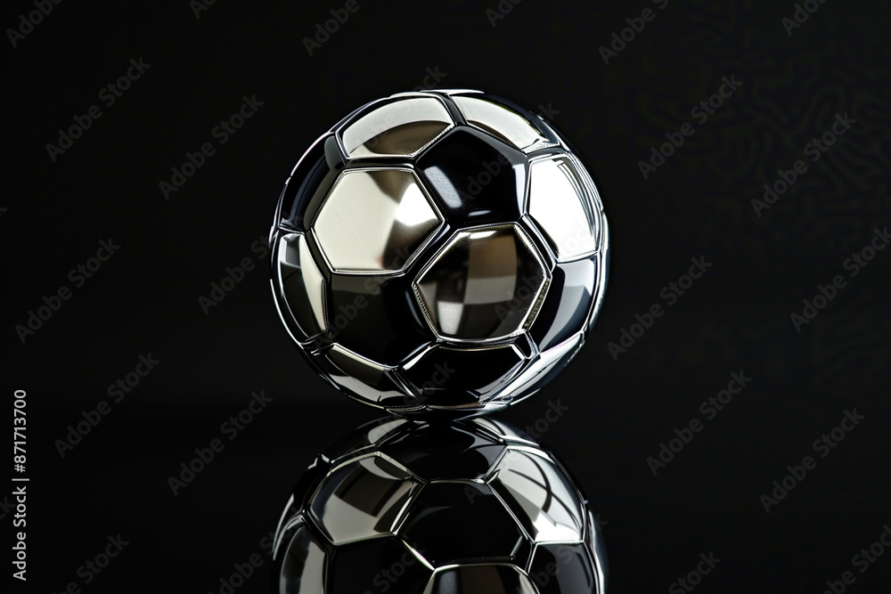 Naklejka premium Soccer ball made of silver on black background. Generative Ai
