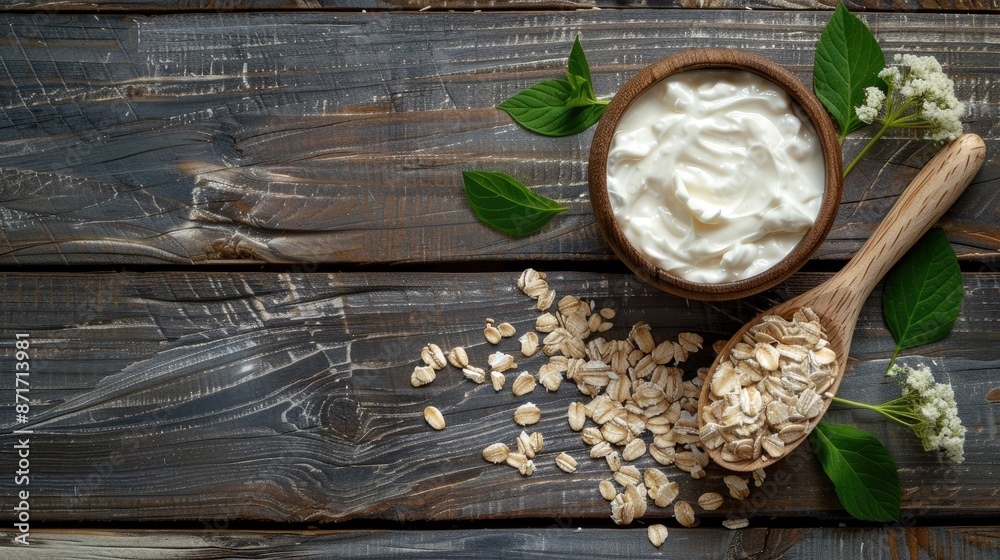 Skin exfoliating mask of curd or yogurt oats on wooden surface Skin exfoliating mask of curd or yogurt oats on wooden surface