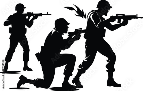 Soldiers in various shooting stances, such as prone, kneeling, and standing. Silhouette Vector Illustration 