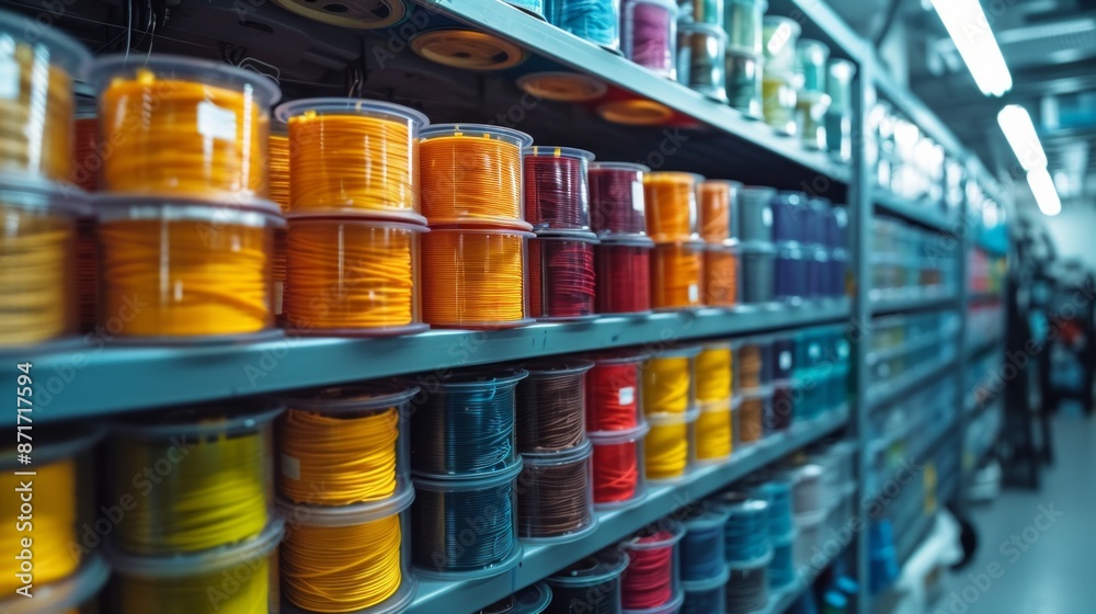 Large coils with colored electrical wires on huge shelves in an industrial plant. Manufacture of electrical wiring for cars. Large coils with colored electrical wires on huge shelves in an industrial plant. Manufacture of electrical wiring for cars.