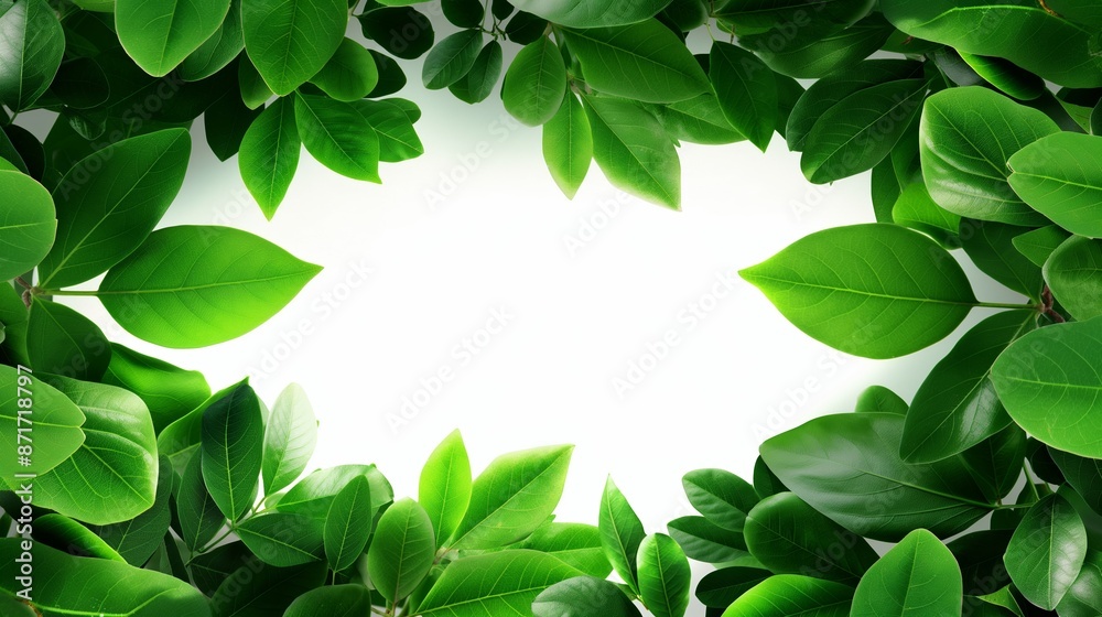 A green leafy border with a white background. The leaves are all different sizes and shapes A green leafy border with a white background. The leaves are all different sizes and shapes