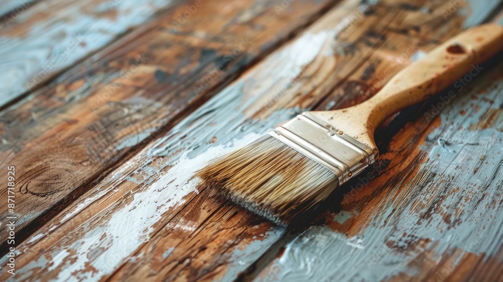 Paint brush on wooden surface close up before working Paint brush on wooden surface close up before working