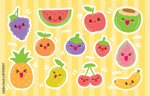 cute kawaii style happy and fun fruit set illustration graphic vector set with white outline