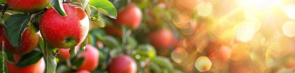 Obraz premium Apple tree with red apples close up in sunlight. A red apple grows on a branch. 
