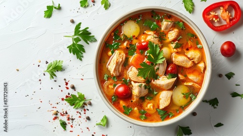 Chicken soto soup with parsley and peppers photo