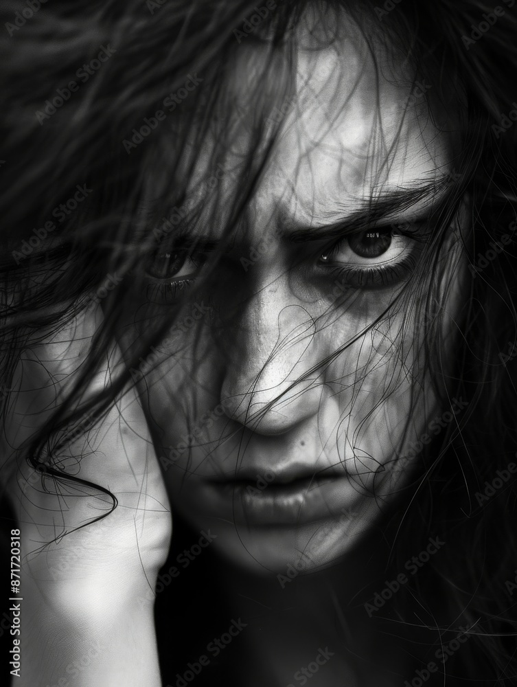 Fototapeta premium A black and white close-up portrait of a woman with an intense and fierce stare, her hair messily framing her face, conveying strong emotions and raw power.