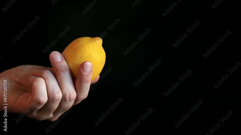 Yellow lemon in hand on a black background. Ingredient. Citrus Yellow lemon in hand on a black background. Ingredient. Citrus