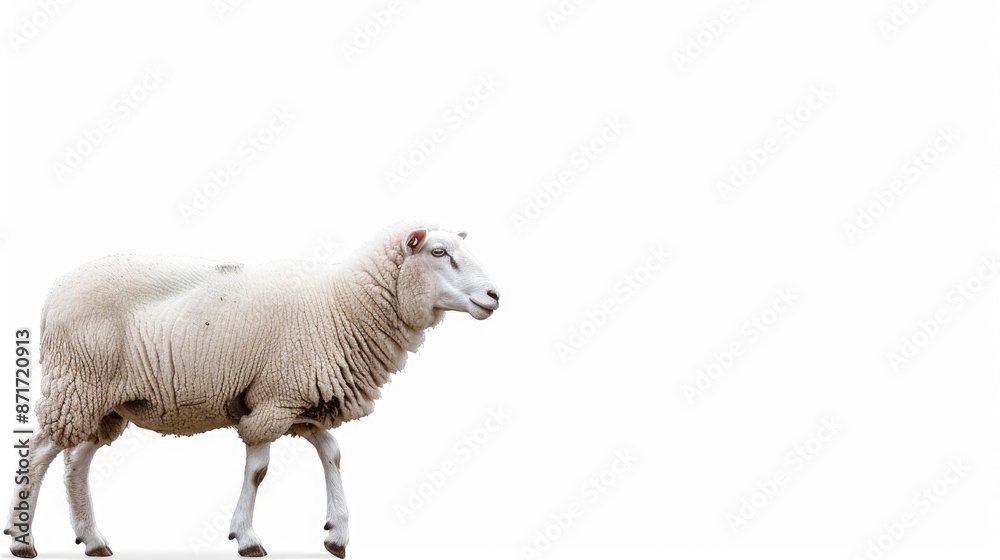 Obraz premium White ram walking sideways with blank background Male sheep Farm animals in agriculture and livestock sector