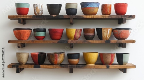 Wallpaper Mural Colorful pottery display on wall-mounted shelves Torontodigital.ca