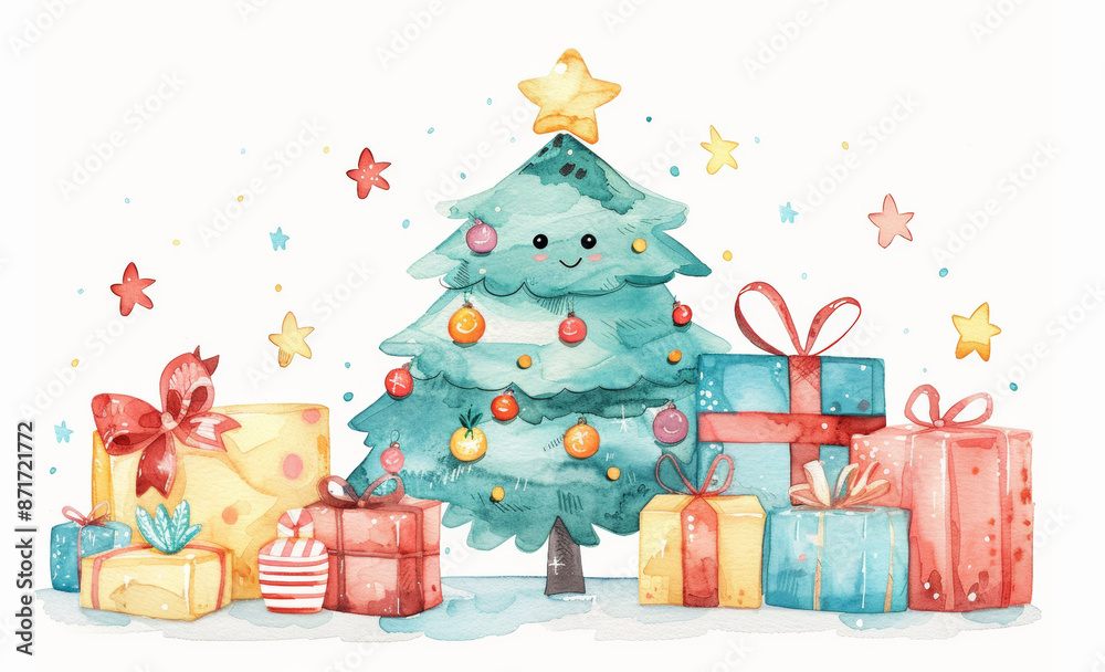 Fototapeta premium Adorable watercolor illustration of a smiling Christmas tree with ornaments and gift boxes, in a festive scene.