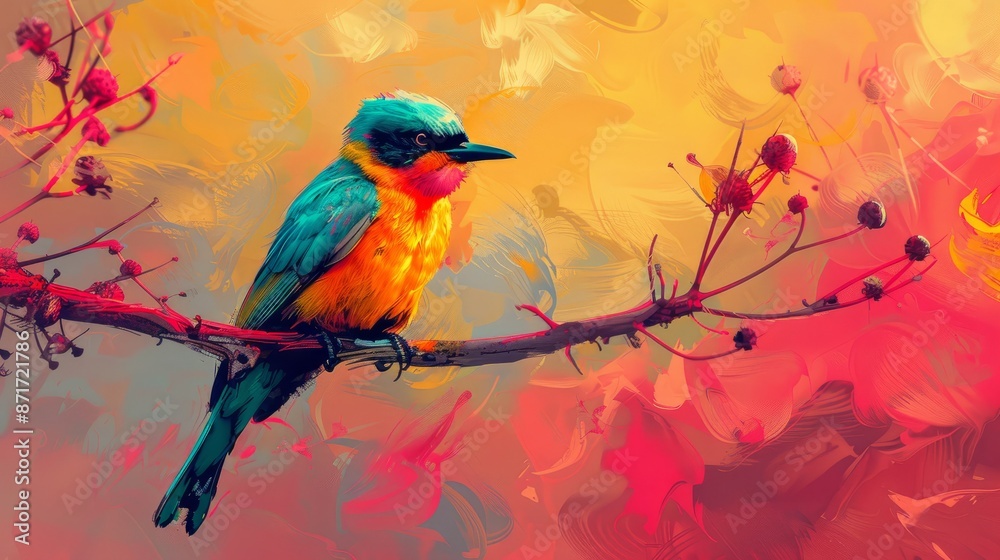 Fototapeta premium Vibrant bird on a crimson branch