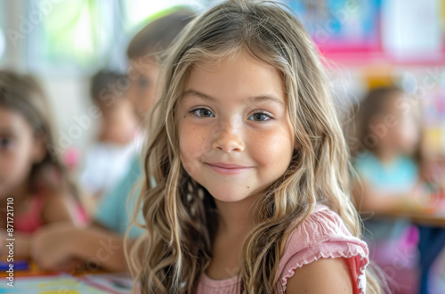 Wallpaper Mural Blond girl smiles in a classroom, peers are blurred in the background. Torontodigital.ca