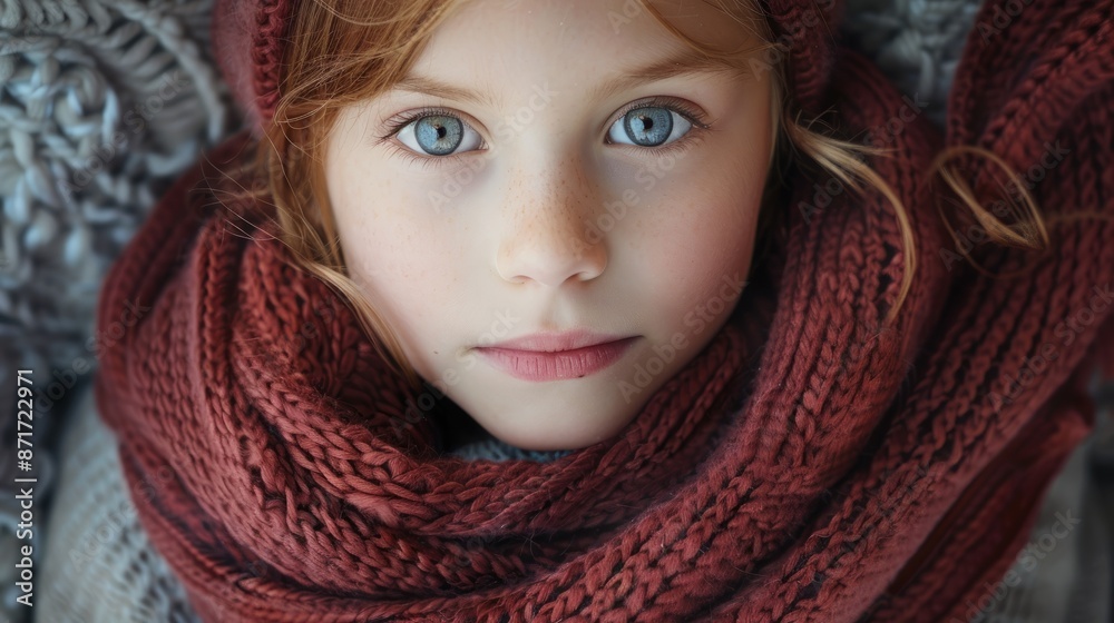 Young girl wrapped in a red scarf at home Young girl wrapped in a red scarf at home