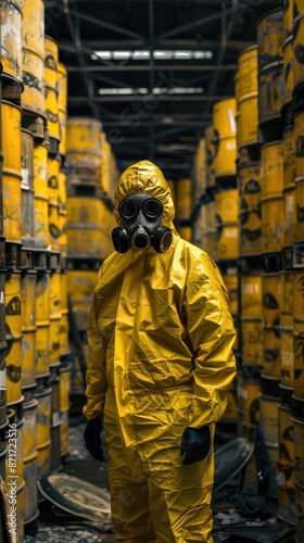 A person in a yellow hazmat suit stands in a warehouse with barrels © Salsabila Ariadina