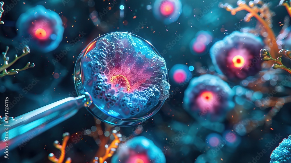 Microscopic view of colorful cells under a magnifying glass in a ...