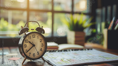 Close-Up of Calendar and Clock on Table, Business Meeting Planning, Time and Schedule, Calendar and Clock for Travel Planning, Organized Planning, Clock and Calendar Ready for Scheduling photo