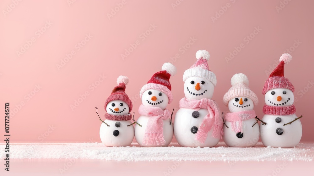 Snowmen on Light Pink Background with Copy Space for Winter and Valentine s Day Greetings Snowmen on Light Pink Background with Copy Space for Winter and Valentine s Day Greetings