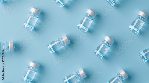 View of COVID 19 vaccine packaging from above on blue background
