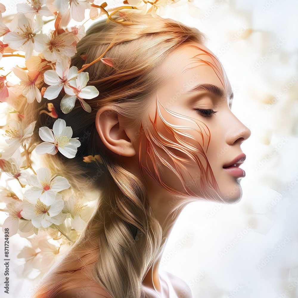 Obraz premium Abstrakcyjny portret kobiety z kwiatami we włosach