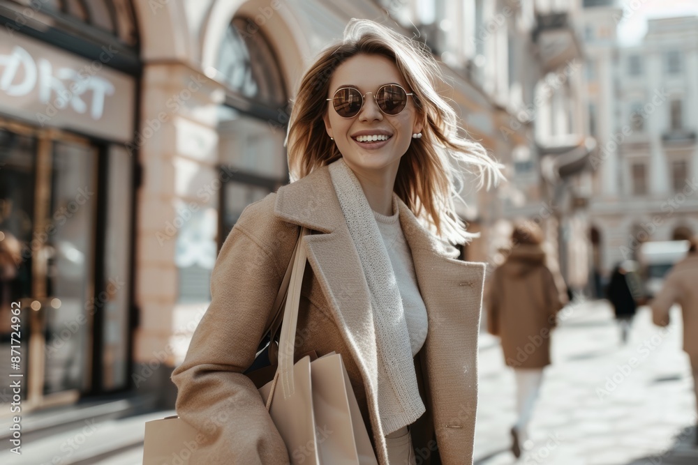 Fototapeta premium Smiling woman with shopping bags in neutral outfit and sunglasses, city street joy