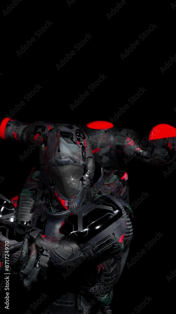 cyborg warrior with AGI (Artificial General Intelligence), warming up before battle, black background, 3d rendering cyborg warrior with AGI (Artificial General Intelligence), warming up before battle, black background, 3d rendering