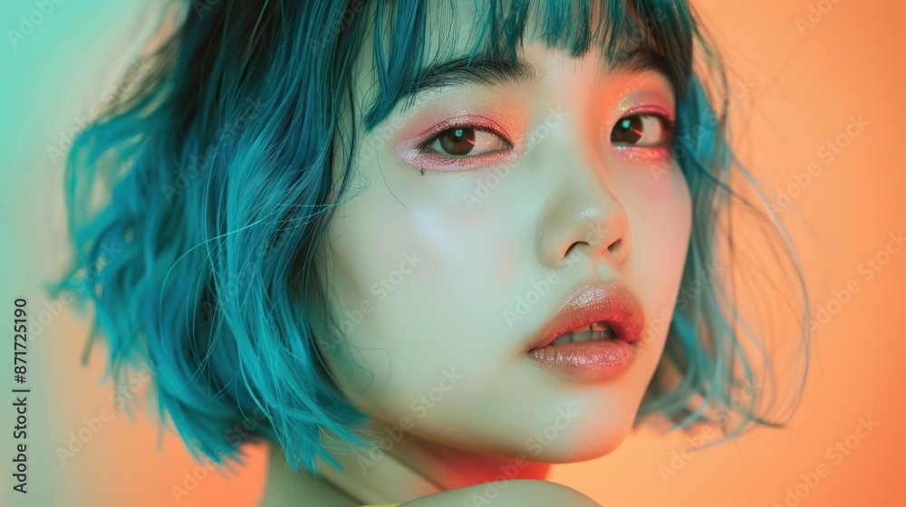 Close-up of a young Asian woman with blue hair and pink eye makeup, showcasing modern beauty trends. Generative ai