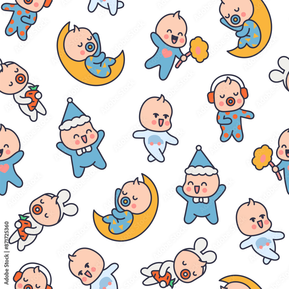 Cute baby boy. Seamless pattern. Cartoon little newborn character. Hand drawn style. Vector drawing. Design ornaments. Cute baby boy. Seamless pattern. Cartoon little newborn character. Hand drawn style. Vector drawing. Design ornaments.