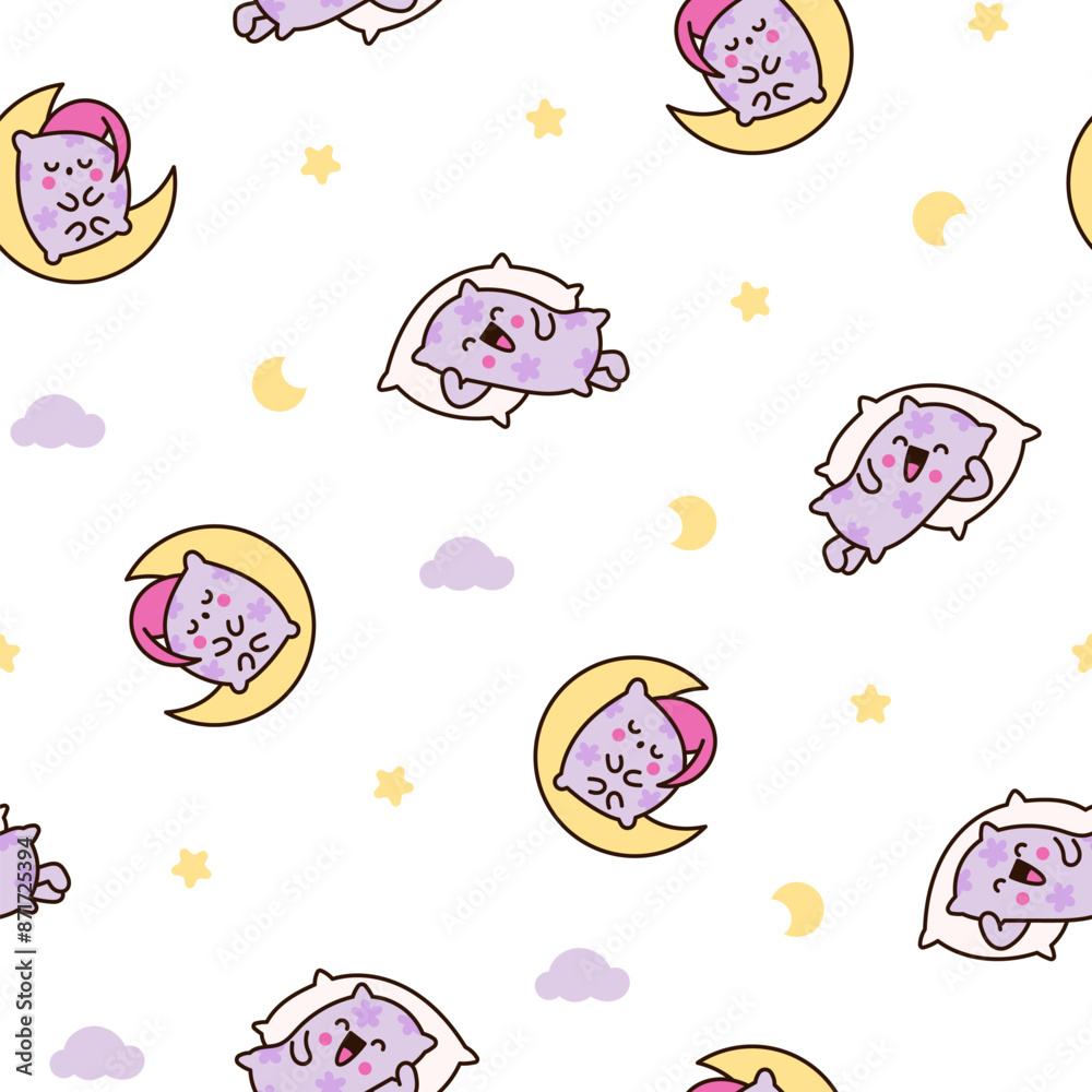 Cute funny pillow with happy face. Seamless pattern. Cartoon kawaii character. Hand drawn style. Vector drawing. Design ornaments. Cute funny pillow with happy face. Seamless pattern. Cartoon kawaii character. Hand drawn style. Vector drawing. Design ornaments.