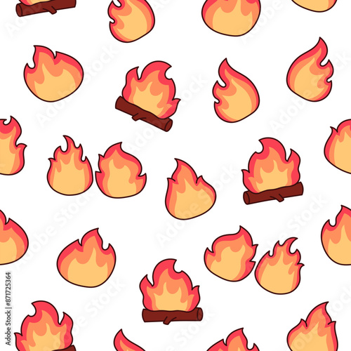 Fire flame. Seamless pattern. Bonfire and blazing burning. Hand drawn style. Vector drawing. Design ornaments.
