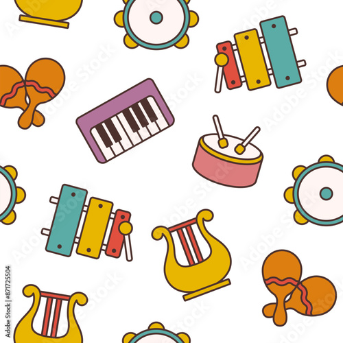 Musical instruments. Seamless pattern. Music stuff for classical orchestra. Hand drawn style. Vector drawing. Design ornaments.