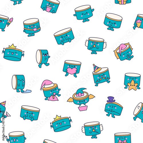 Cartoon kawaii drum character with sticks. Seamless pattern. Funny musical personage with drumsticks. Hand drawn style. Vector drawing. Design ornaments.