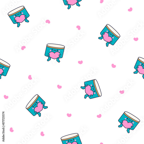 Cartoon kawaii drum character with sticks. Seamless pattern. Funny musical personage with drumsticks. Hand drawn style. Vector drawing. Design ornaments.