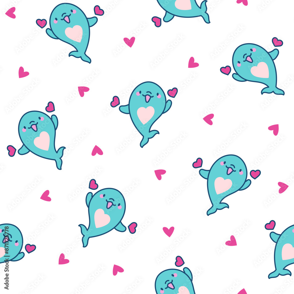 Funny dolphin characters. Seamless pattern. Cute cartoon kawaii sea animal. Hand drawn style. Vector drawing. Design ornaments. Funny dolphin characters. Seamless pattern. Cute cartoon kawaii sea animal. Hand drawn style. Vector drawing. Design ornaments.