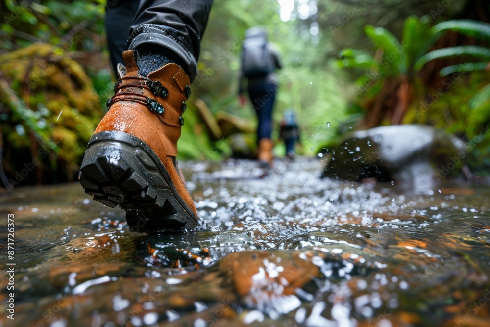 Hikers' boots navigating a forest stream, close-up of water splash Hikers' boots navigating a forest stream, close-up of water splash