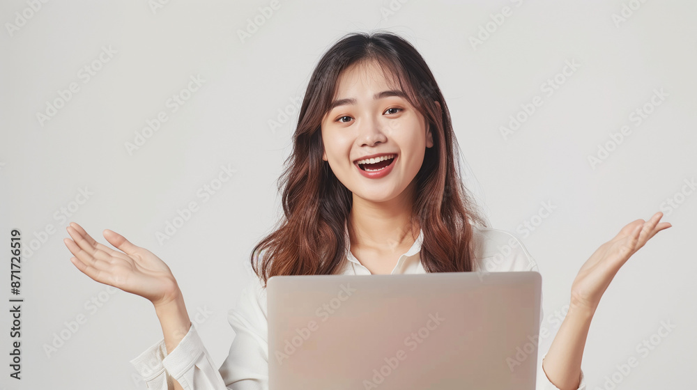 beauty Asian woman feeling happy with laptop, isolated on white background beauty Asian woman feeling happy with laptop, isolated on white background