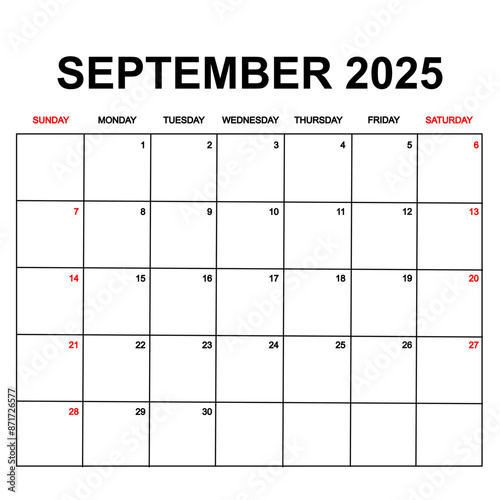 september 2025 with holydays or red dates. monthly calendar design with week starts on sunday. printable, simple, and clean vector design isolated on white background.