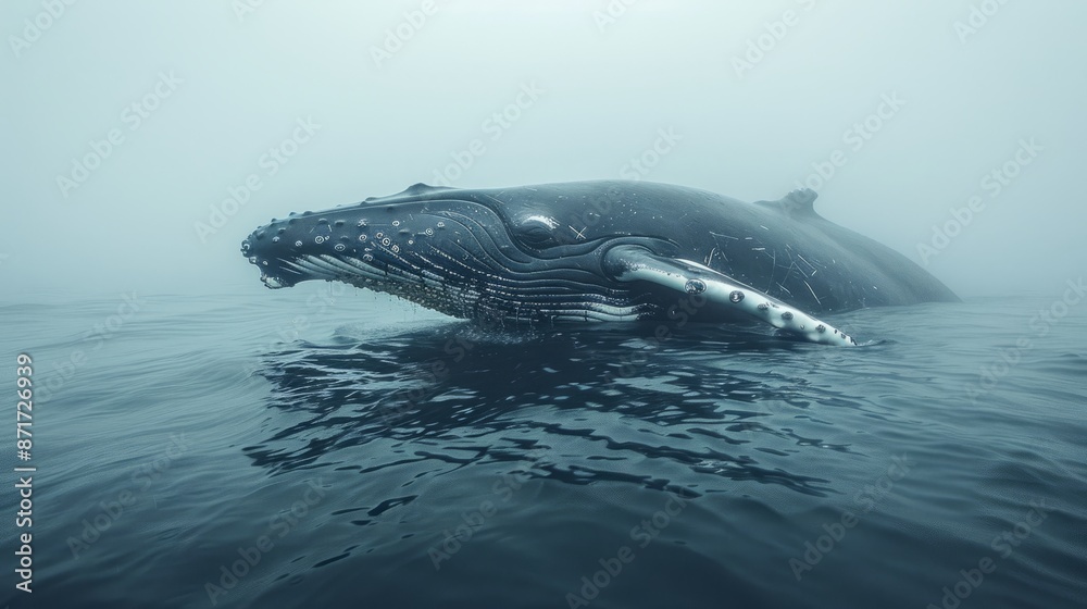 Naklejka premium Humpback whale breaching in foggy waters