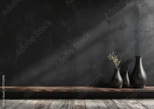 Minimalist Home Decor with Black Vases on Wooden Shelf against Dark Textured Wall photo