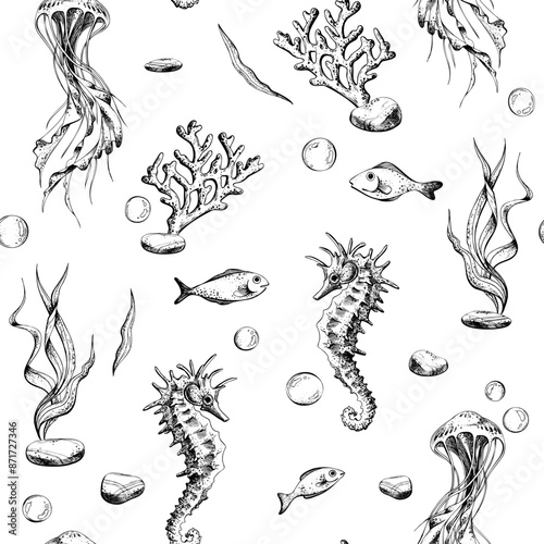 Seahorse and jellyfish with shells, corals, fish, algae and bubbles. Marine illustration of the underwater world hand drawn in black ink graphically. Vector seamless pattern in EPS