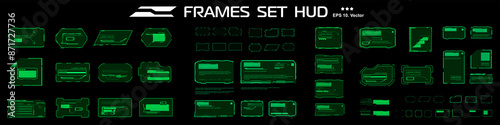  Vector set with green frames. Digital windows with text information block. HUD UI dialogs. Frames with information and data. Graphic modern HUD interface elements