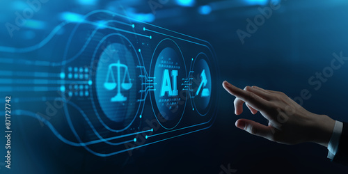 Businessman Pressing Button Touches Virtual Screen with Artificial intelligence AI, Justice Scales, and Judge's Gavel