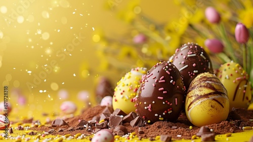 Chocolate easter eggs on yellow background