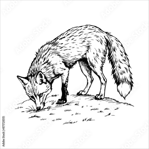 Sketch of a fox sniffing the ground, top view, on a white background