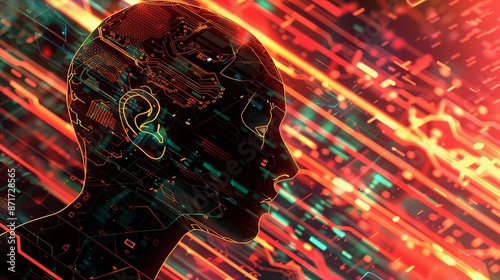 Abstract artwork of human head silhouette with circuit board design